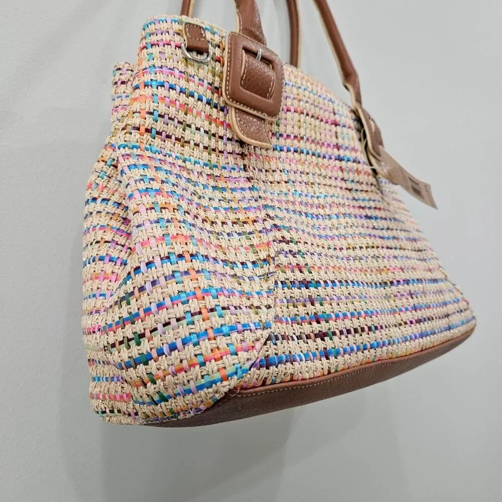 Liz Claiborne Rainbow Woven Straw Satchel Bag Multicolor Brown Trim Y2K